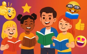 Happy children reading books with colorful emojis and a vibrant red, orange, and purple background — celebrating confident readers and joyful learning