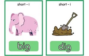 Phonics flashcards teaching short “i” vowel sounds with the words “big” and “dig” — early reading practice for kids
